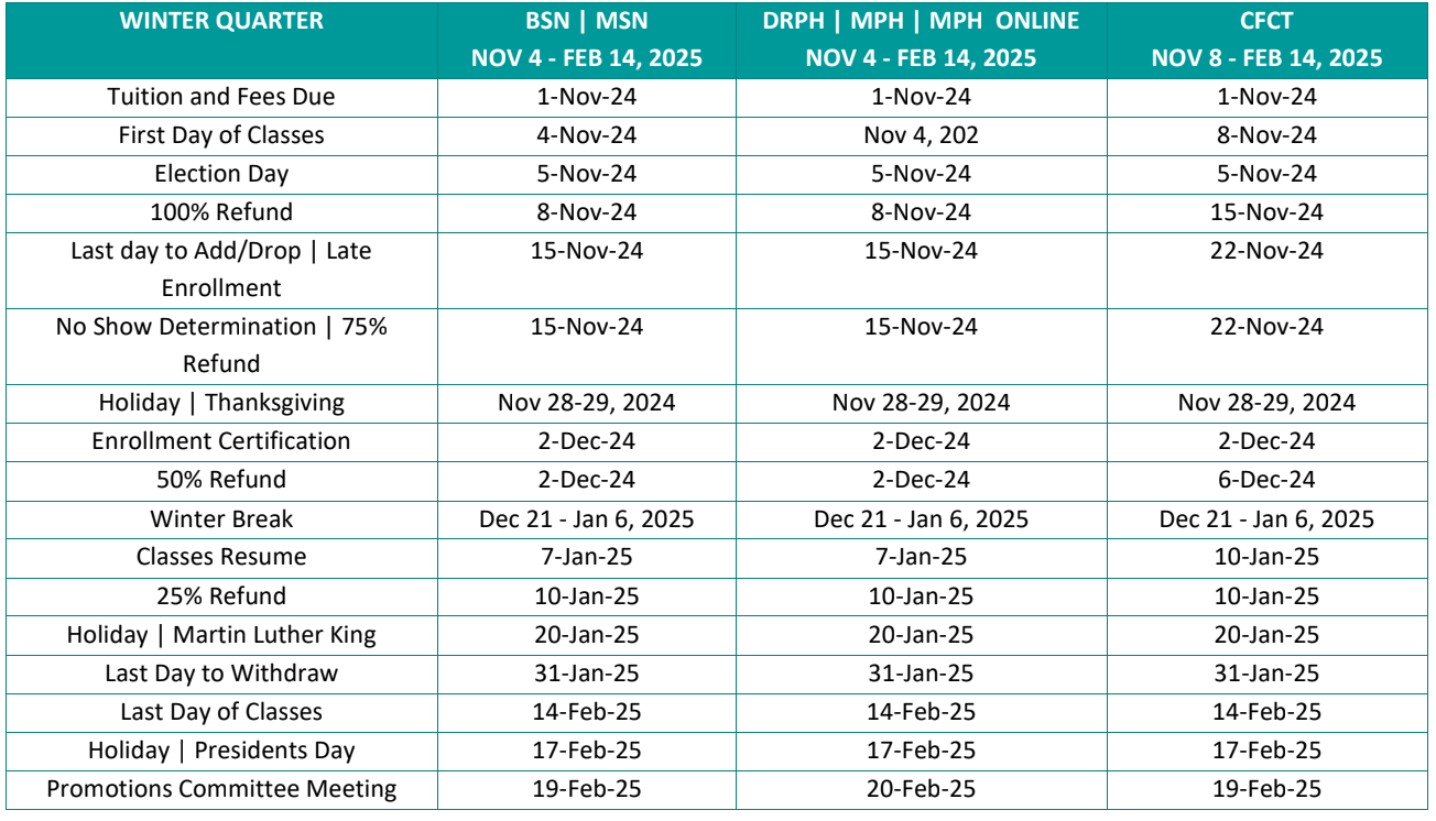 school of nursing and public health academic calendar winter