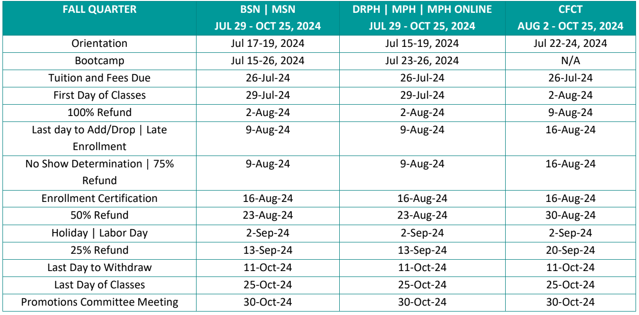 school of nursing and public health academic calendar