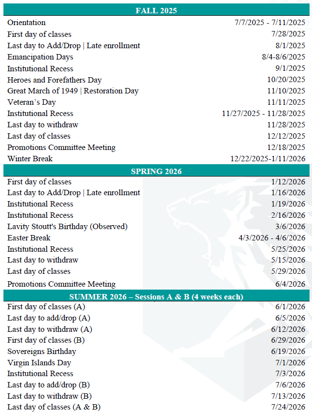 SOM BVI Academic calendar